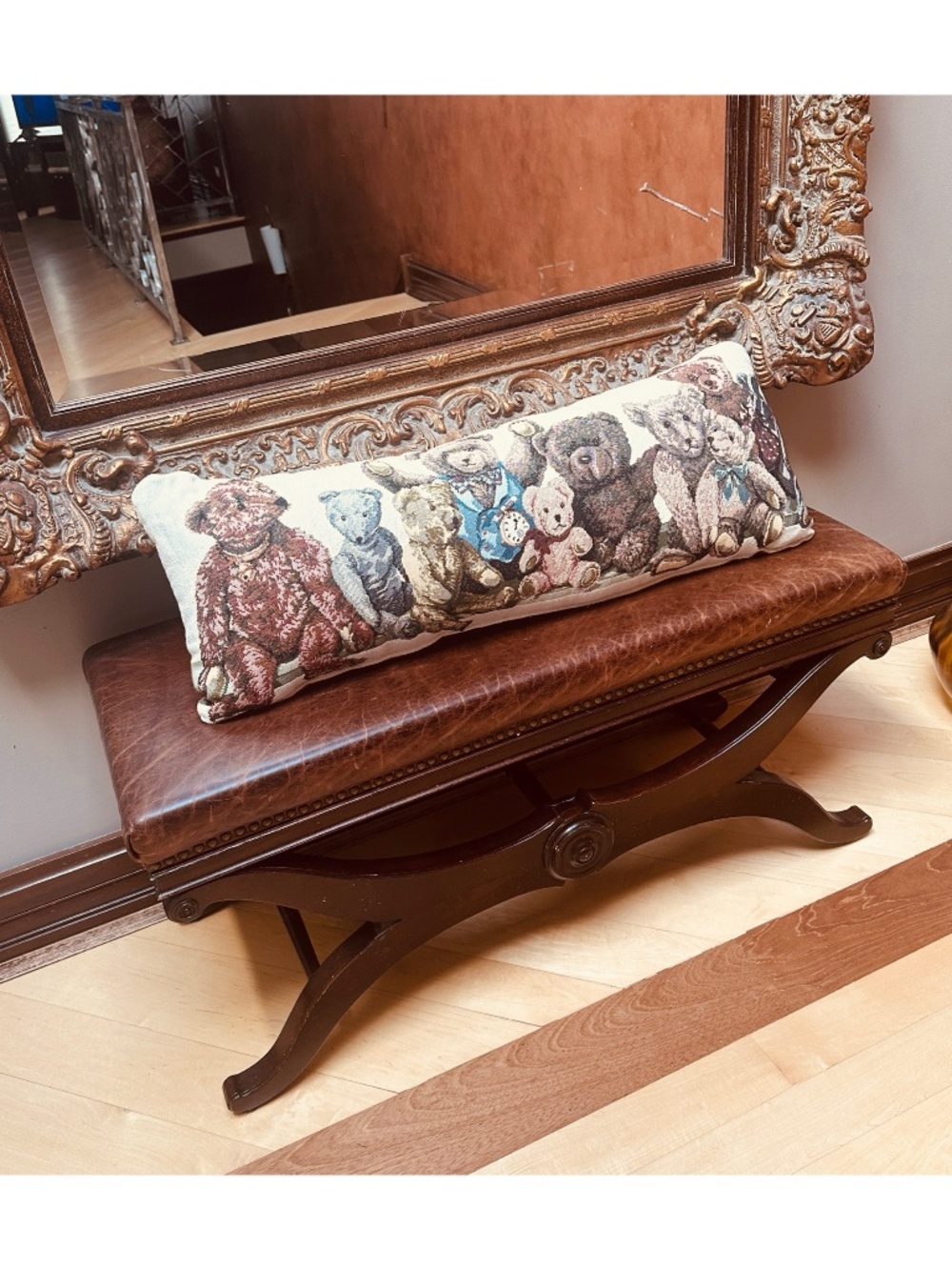 Decorative Tapestry Pillow w/Teddy Bears 31”x 11” Brown Fabric Back